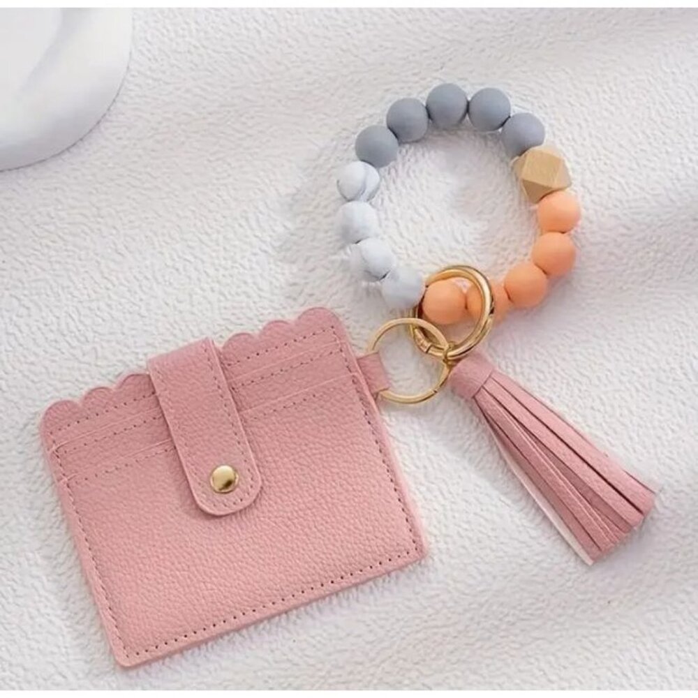 Pink Scalloped Wristlet Card Holder With Beaded Bracelet & Tassel Keychain‎ NEW